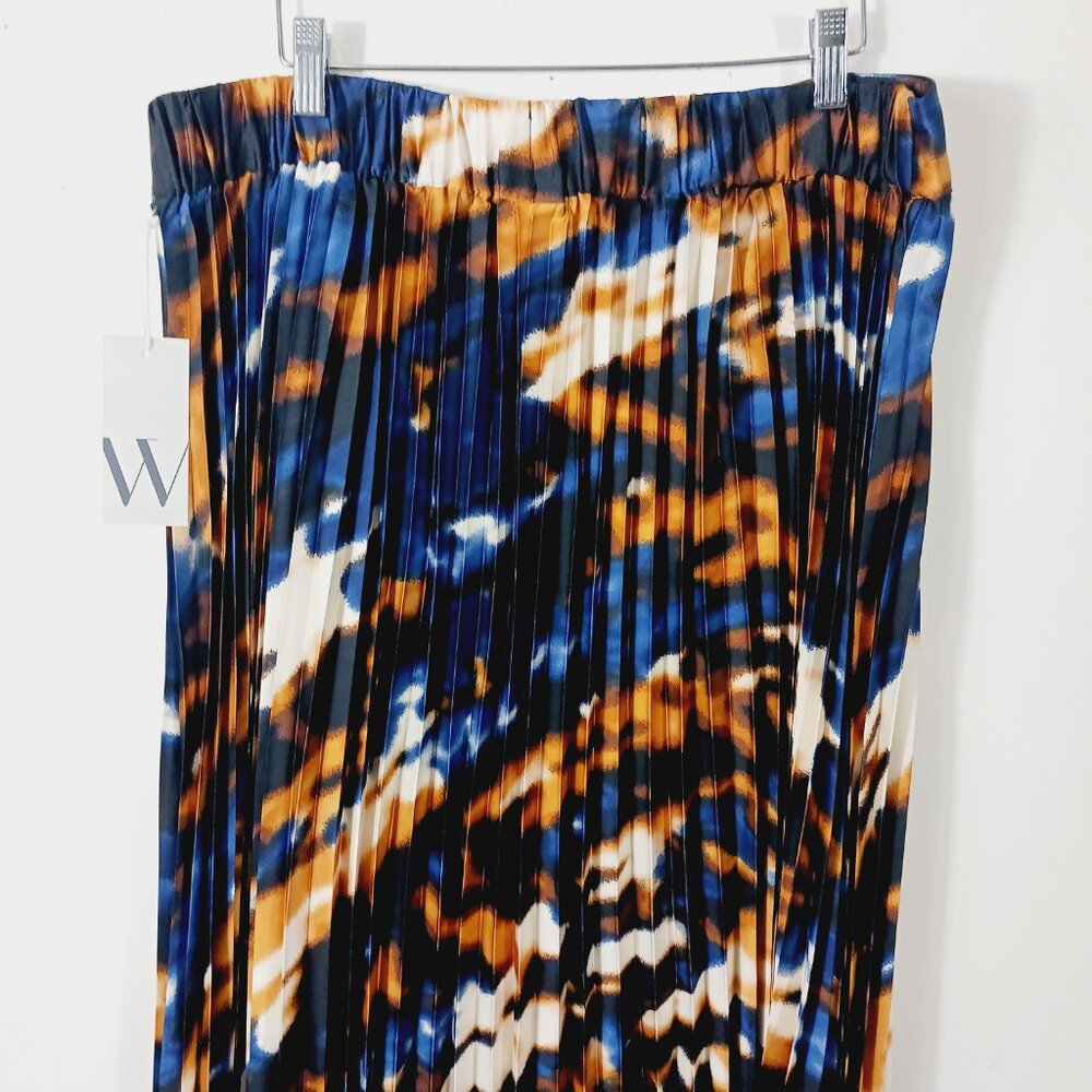 Worthington, NWT XL Midi Pleated Skirt W/ Abstract Print Navy Cream Gold & Black - Picture 9 of 14